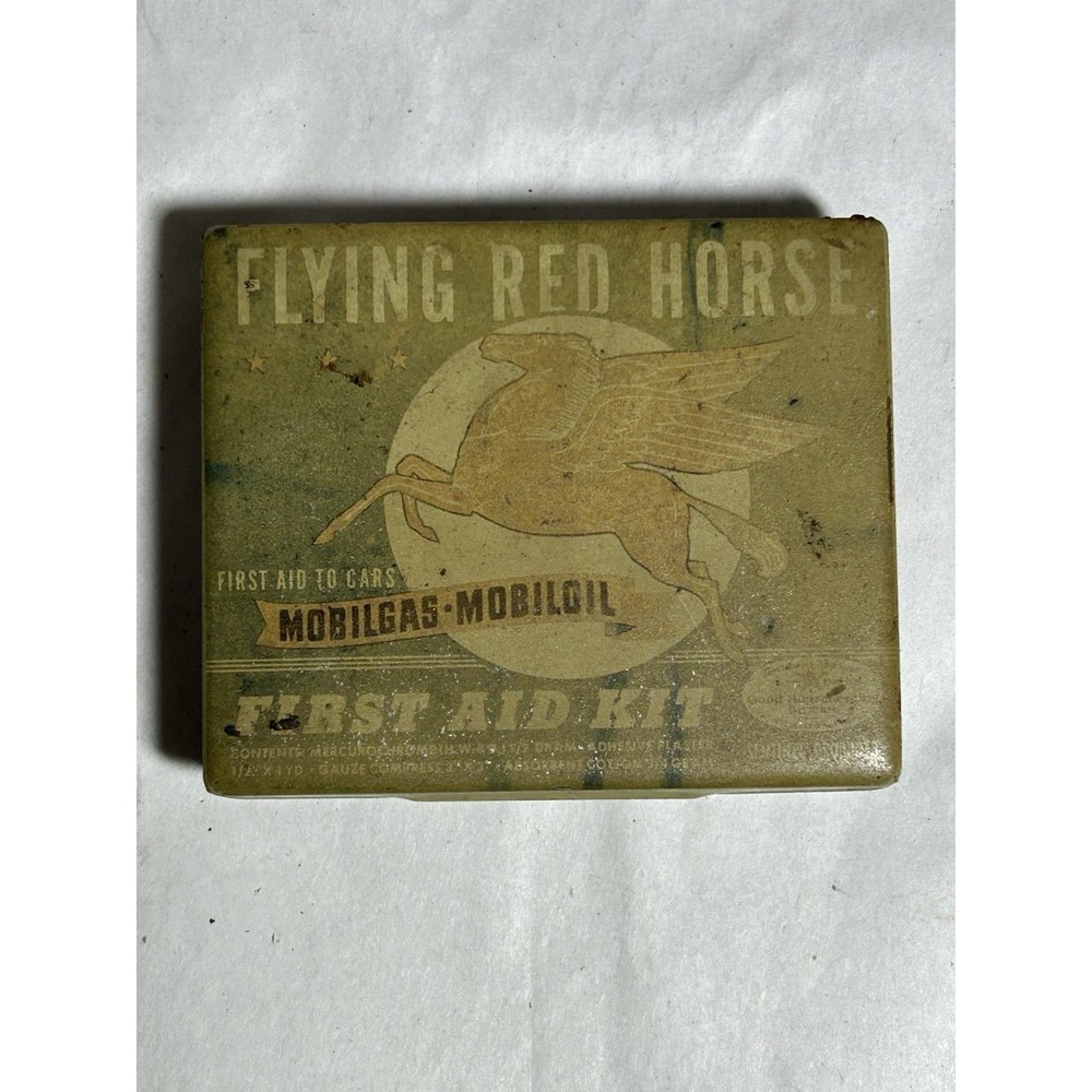 Vintage 1930's Mobil Oil Flying Red Horse Tin First Aid Kit Mobilgas Mobiloil